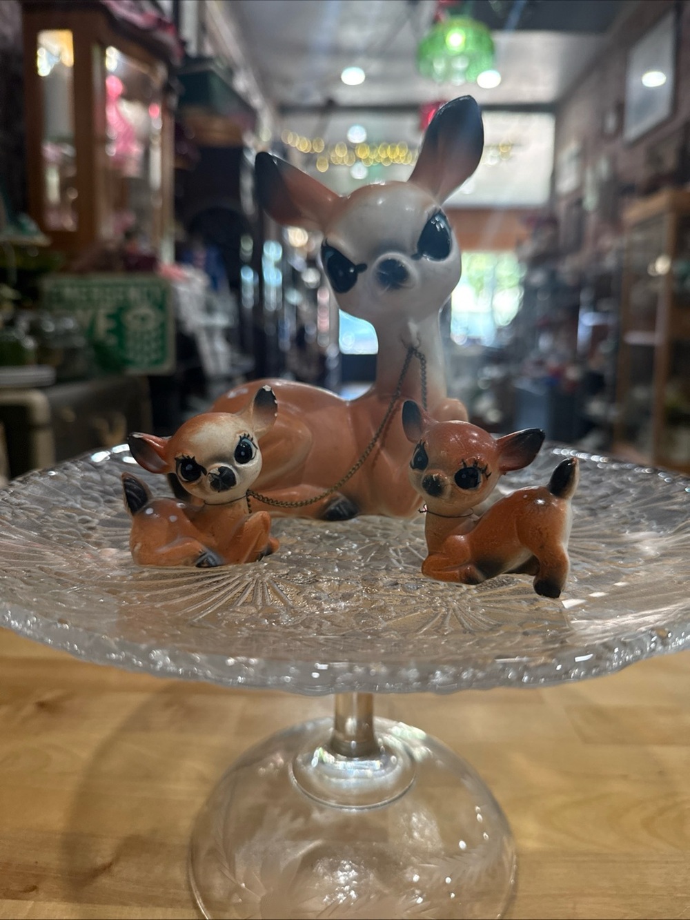Vintage Ceramic Deer Family Figurine with Chains- Japan - Brown